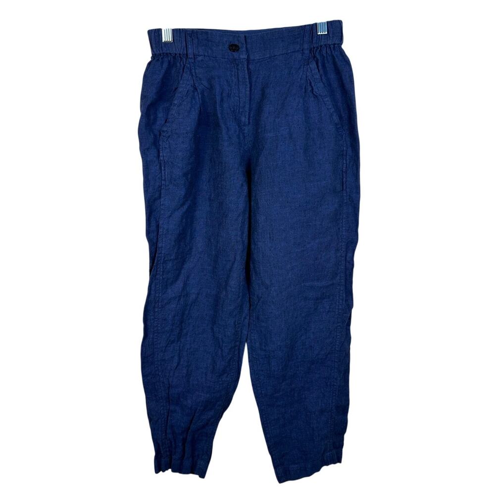 Poetry 100% Linen Blue Slim Ankle Trouser Size 4 Button Front GUC Minimalist
